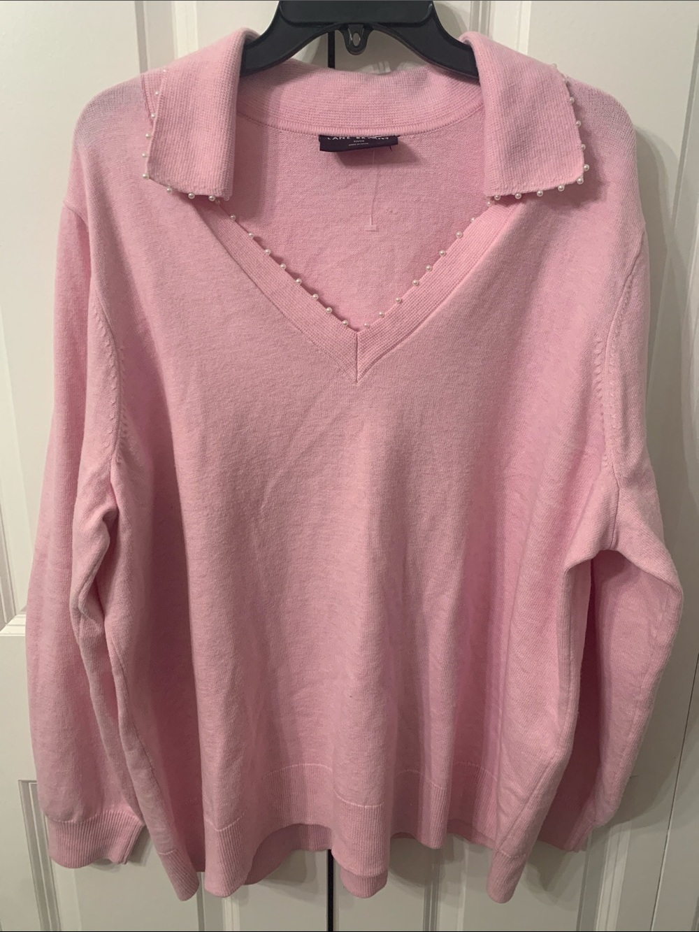 Lane Bryant Pink V-Neck Sweater with Pearl-Trim Collar
